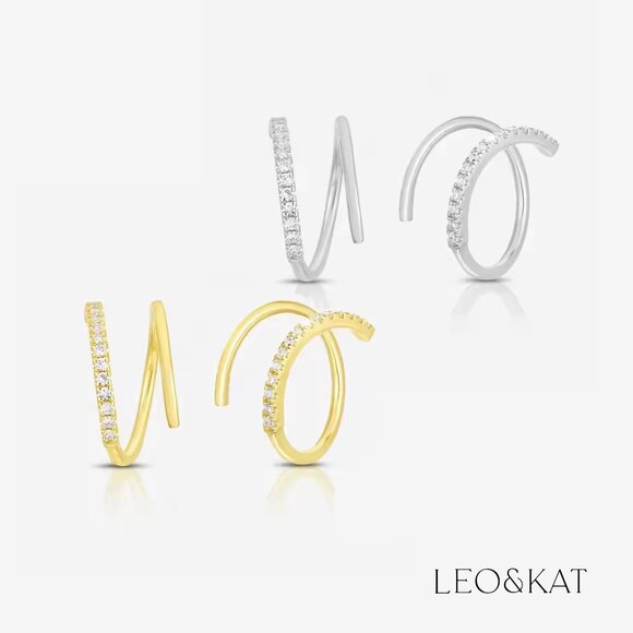 Pave Open Hoop Threader Earrings in Gold and Silver. 925 Sterling Silver. #1130 - Picture 1 of 6
